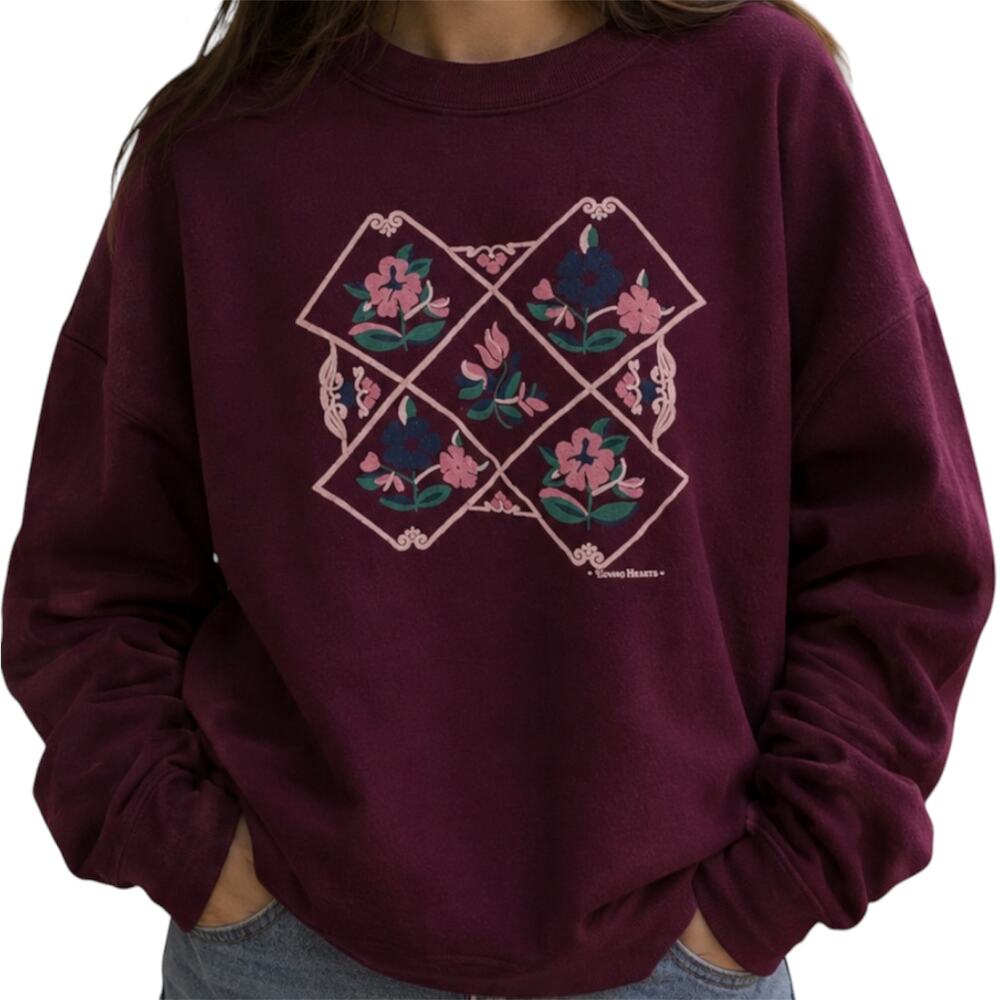 Vintage Hanes Young Hearts Classics Heavyweight Sweatshirt Usa Crew Floral Red L